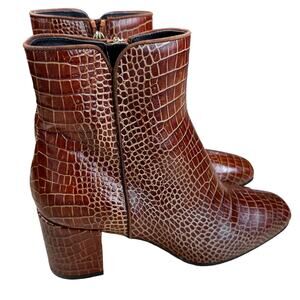 Aquatalia NWOB Denisse Croc-Embossed Leather Ankle Boots Size 10 Brown